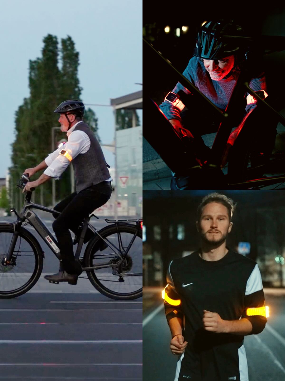 Fotocollage der Flasher Armbänder am Fahrrad bei Tag, bei einer Fahrradpanne und beim Joggen.