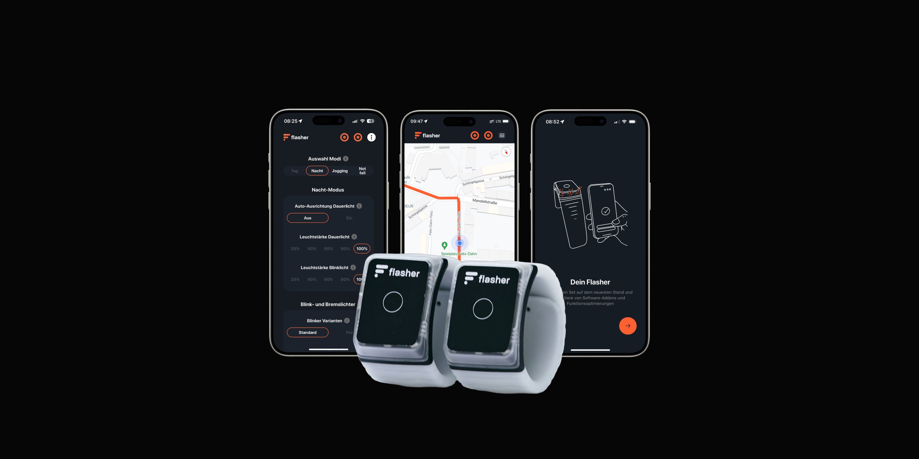 Drei Telefone mit Bildschirmaufnahmen aus der Flasher App: Einstellungen, Navigation und Softwareupdates. Davor zwei Flasher Armbänder.