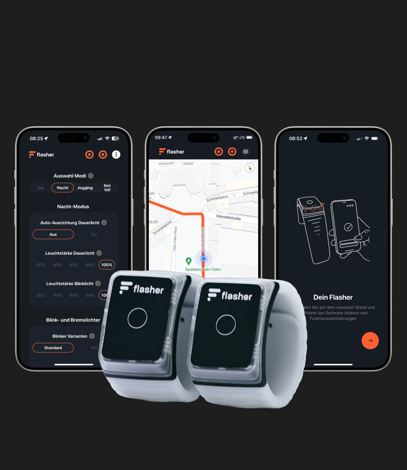 Drei Telefone mit Bildschirmaufnahmen aus der Flasher App: Einstellungen, Navigation und Softwareupdates. Davor zwei Flasher Armbänder.