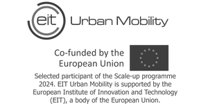 Das Logo von EIT Urban Mobility. Text am Bild ist "Co-funded by the European Union - Selected participant of the Scale-up programme 2024. EIT Urban Mobility is supported by the European Institute of Innovation and Technology (EIT), a body of the European Union.