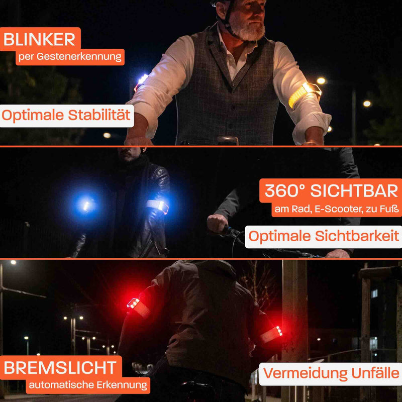 Drei Fotos übereinander mit Flasher Armbändern im Nachtmodus. Über den Fotos stehen jeweils erstens Blinker und Optimale Stabilität, zweitens 360° sichtbar und Optimale Sichtbarkeit, drittens Bremslicht und Vermeidung Unfälle.