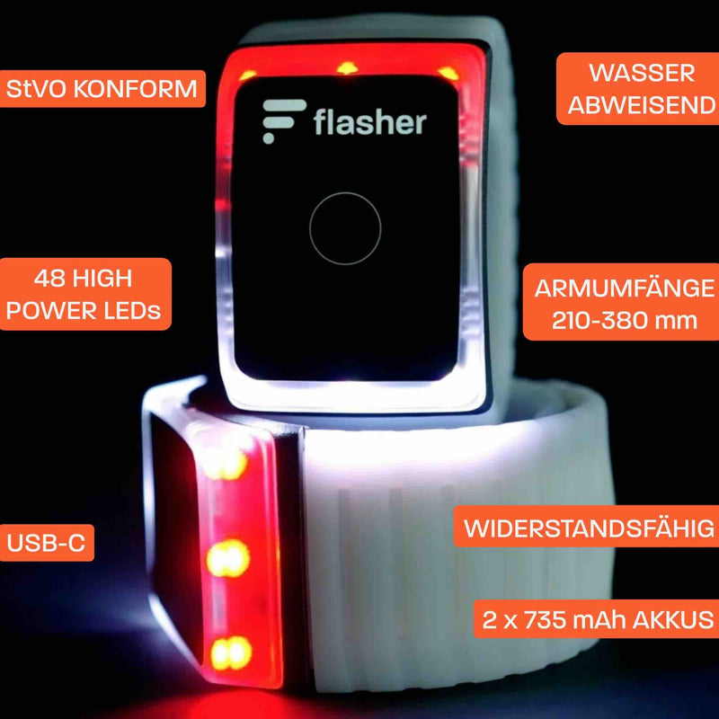 Zwei zusammengerollte Flasher Armbänder die rot und weiß leuchten. Text am Bild: StVO konform, Wasser abweisend, 48 high power LEDs, Armumfänge 210 - 380mm, USB-C, Widerstandsfähig, 2 mal 735 mAh Akkus.