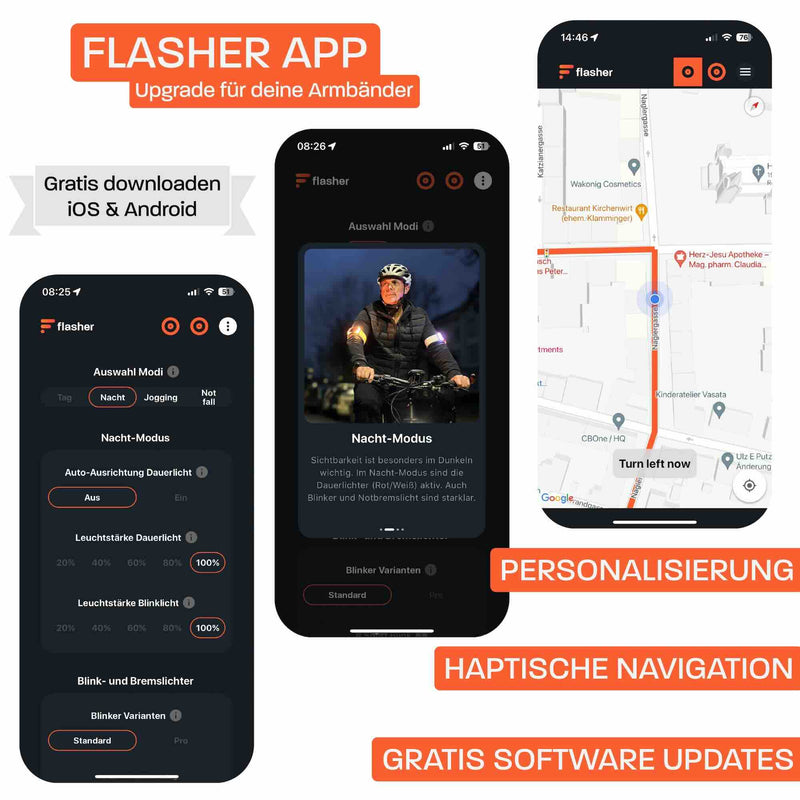 Drei Bildschirmfotos von der Flasher App mit dem Text Gratis downloaden iOS & Android, Personalisierung, Haptische Navigation und Gratis Software Updates.