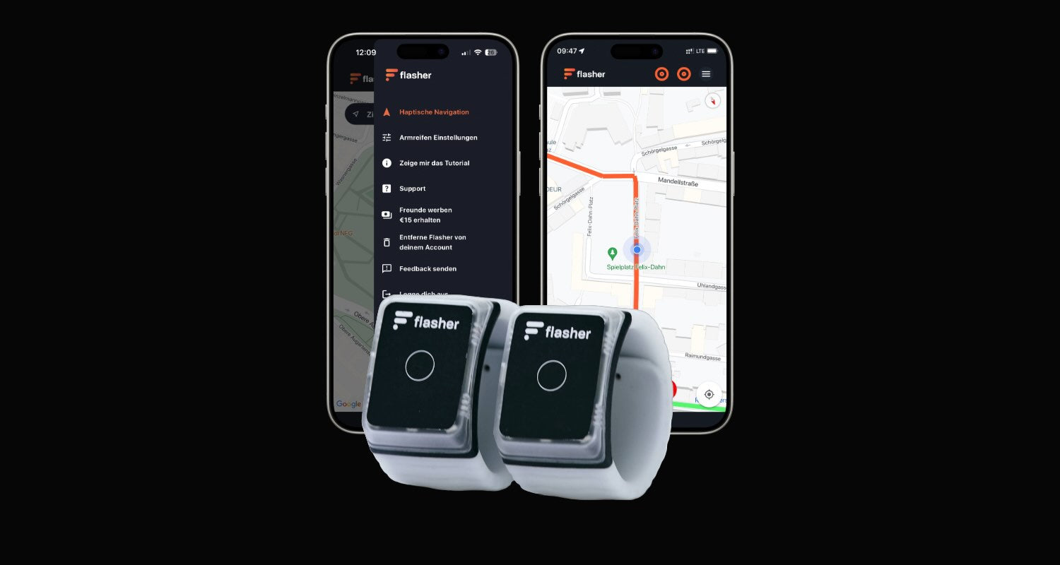 Zwei Telefone mit Bildschirmaufnahmen aus der Flasher App: Wie man zur haptischen Navigation kommt und wie die Routenplanung aussieht. Davor zwei Flasher Armbänder.