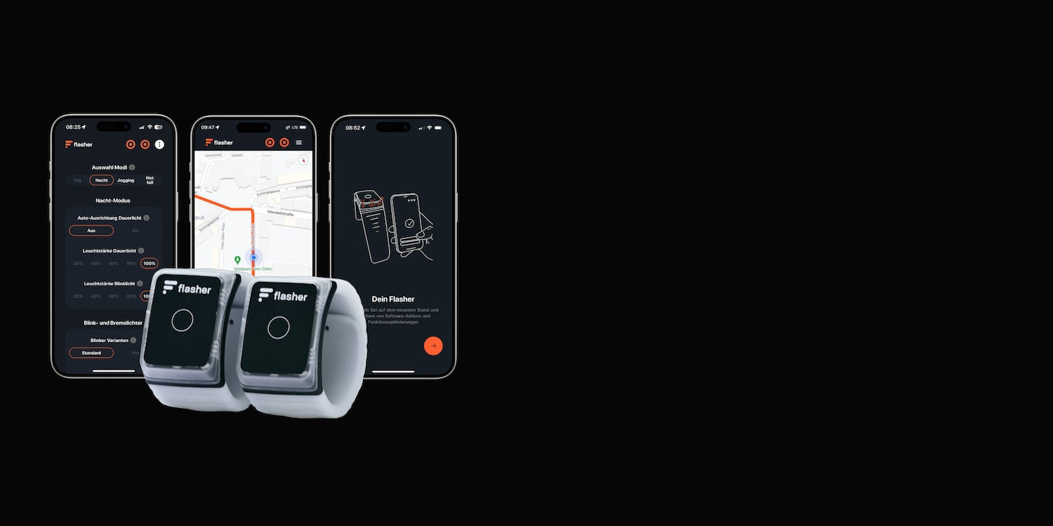 Drei Telefone mit Bildschirmaufnahmen aus der Flasher App: Einstellungen, Navigation und Softwareupdates. Davor zwei Flasher Armbänder.